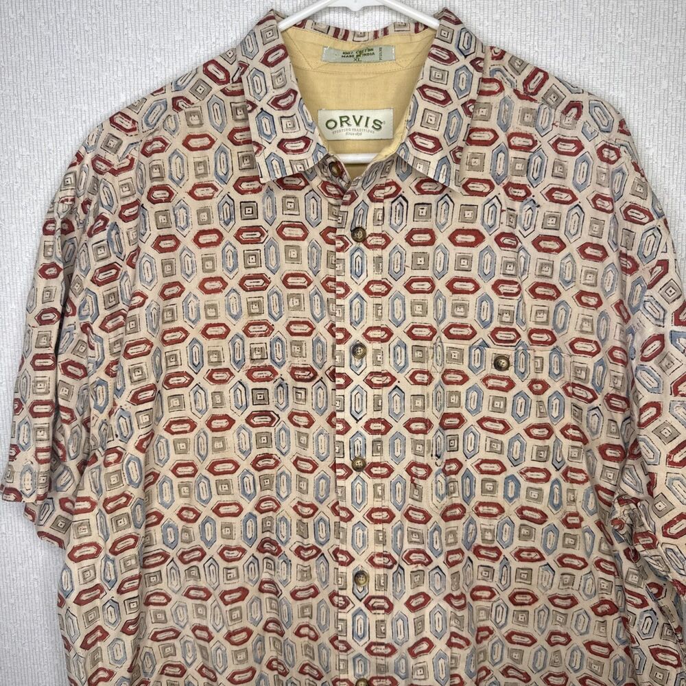 Orvis Mens Size XL Short Sleeve Button Up Shirt All Over Geometric Print Cotton